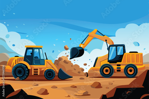Create a vibrant, dynamic background featuring multiple construction trucks in action against a cityscape backdrop.  Include realistic details and a sense of movement.