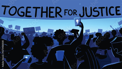 A vibrant, diverse crowd joyfully gathered beneath a large banner proclaiming "Together f(1)," suggesting unity and collective action.