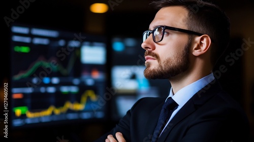 Contemplative financial analyst interpreting complex market data trends