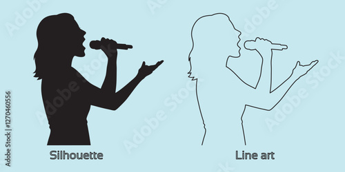silhouette of woman singer with microphone hand drawing line art vector illustration