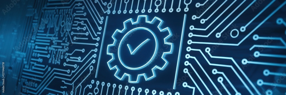 Glowing gear with checkmark embedded within a circuit board Glowing gear with checkmark embedded within a circuit board