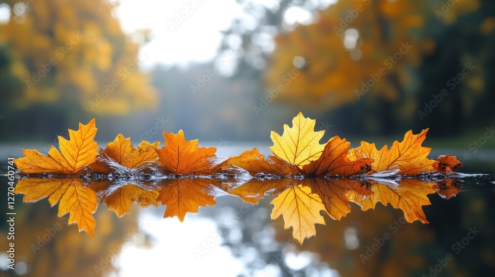 Autumn leaves on water, park reflection