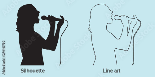 silhouette of woman singer with microphone hand drawing line art vector illustration