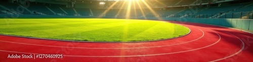Red track curves around green infield Sunlight highlights the vibrant colors , race, athletics, track and field