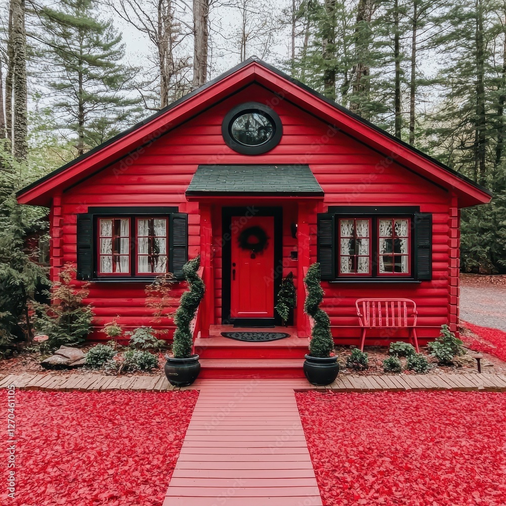 Charming Red Cabin Surrounded by Lush Greenery and Vibrant Pathway Charming Red Cabin Surrounded by Lush Greenery and Vibrant Pathway