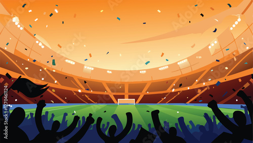 Create a vibrant vector illustration of a bustling soccer stadium at night, showcasing dynamic lighting effects and energetic crowd silhouettes.