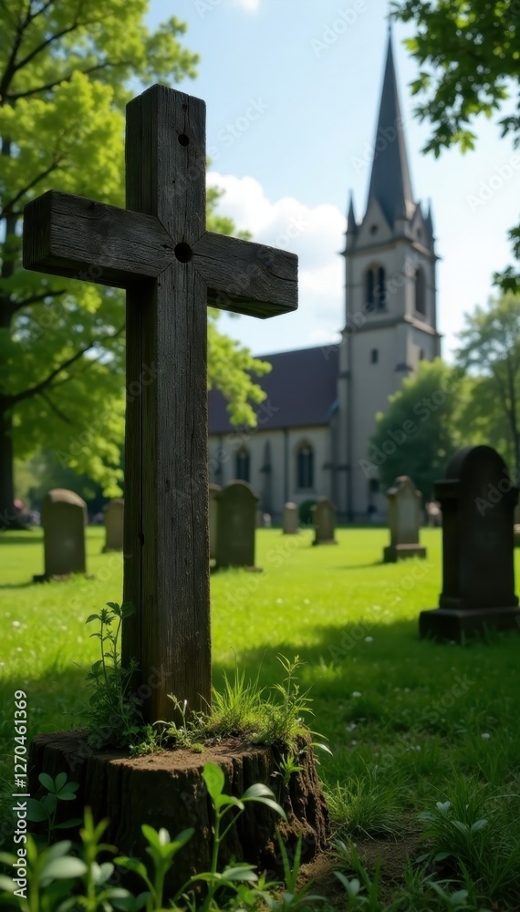 Rustic wooden cross, overgrown cemetery, church steeple, rustic, rural, wildflowers Rustic wooden cross, overgrown cemetery, church steeple, rustic, rural, wildflowers