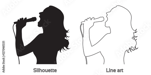 silhouette of woman singer with microphone hand drawing line art vector illustration