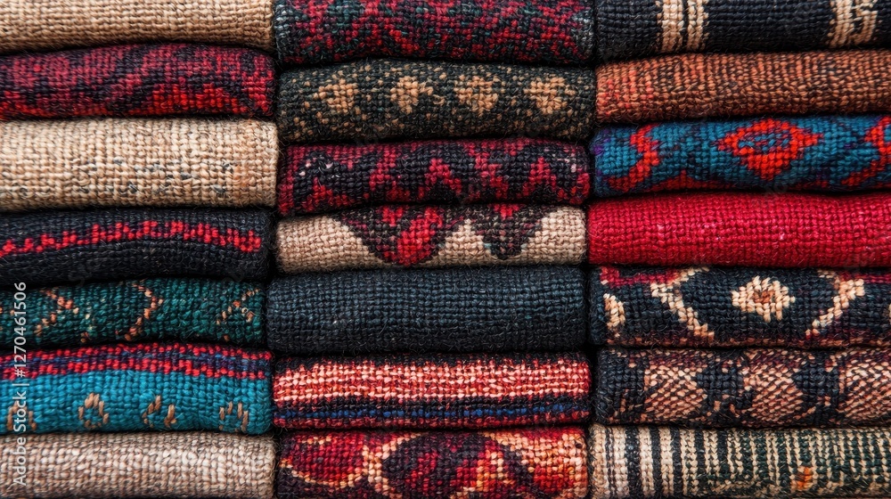 Custom packaging material design concept. Colorful Textiles Stacked in Rows Showcasing Intricate Patterns and Rich Textures Custom packaging material design concept. Colorful Textiles Stacked in Rows Showcasing Intricate Patterns and Rich Textures