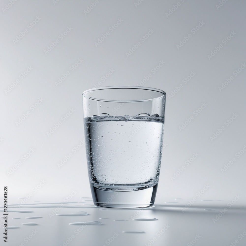 pouring drinking water in a transparent glass isolated on abstract background with glass table, water resource concept with copy space. A glass of fresh mineral water isolated on white background.