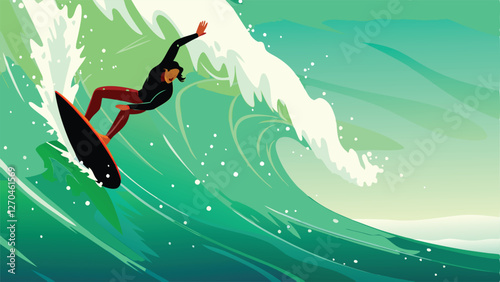 Create a dynamic vector illustration of a surfer expertly riding a colossal, curling ocean wave, showcasing speed and power.