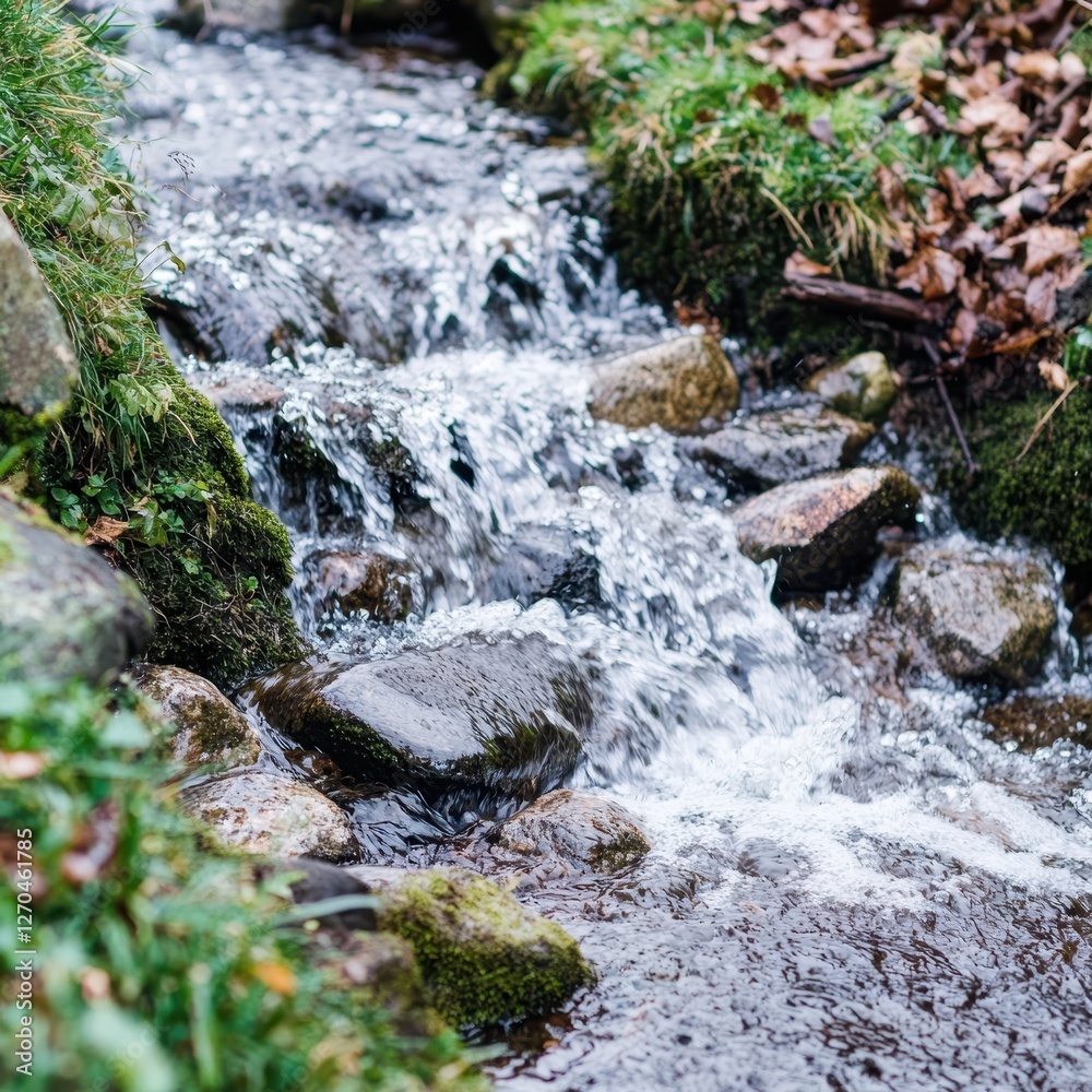 Tranquil Stream Flowing Through Lush Green Landscape in Nature