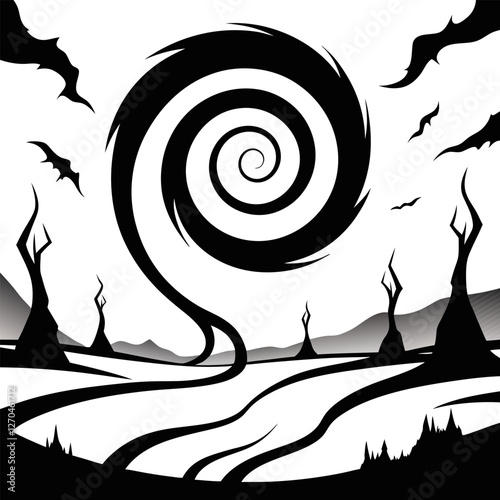 "A barren wasteland covered in swirling dust, with twisted, reaching toward the sky like desperate. The wind carves eerie patterns into the cracked ground." silhouette vector art illustration  
