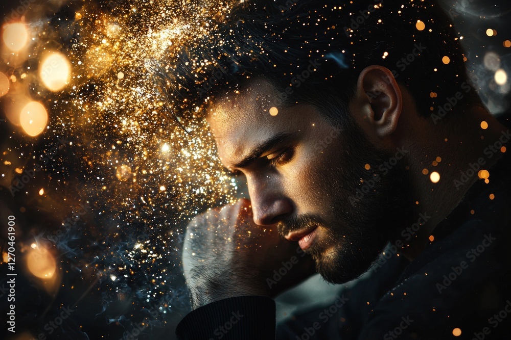 Fototapeta premium Pensive man with soft golden and silver color burst behind
