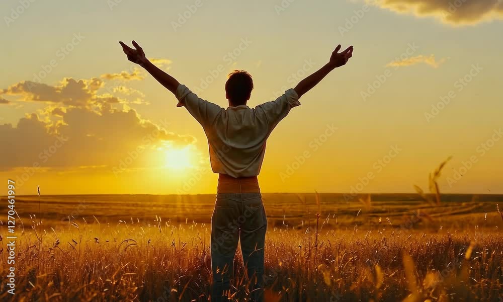 Silhouette of Man in Golden Wheat Field at Sunset Silhouette of Man in Golden Wheat Field at Sunset