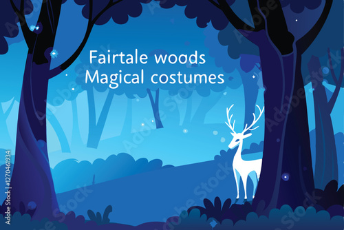Enchanting fairytale forest scene a graceful, luminous deer with magical horns guides a young fairy promoting Magi's new potion.