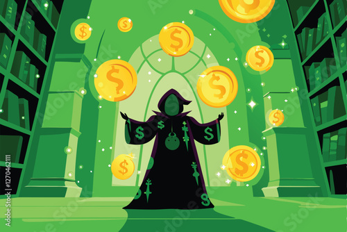 A fantasy economist, robes flowing, analyzes glowing orbs of economic data; intricate details, magical elements, ethereal background.