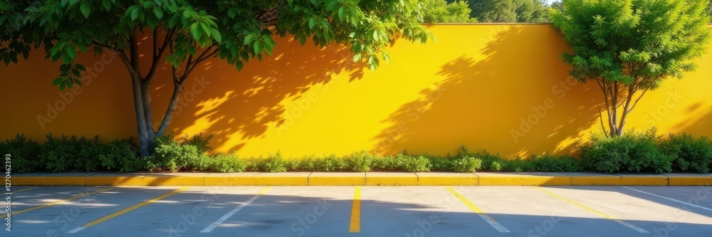 Fototapeta premium Sun-drenched empty parking spaces, vibrant leafy wall behind, bright, drenched, summer