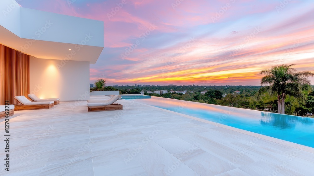 Obraz premium Sunset view from luxury poolside terrace