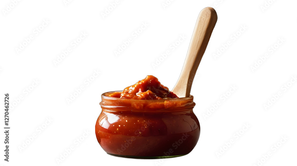 tomato sauce in a jar with wooden spoon on white, transparent background png tomato sauce in a jar with wooden spoon on white, transparent background png