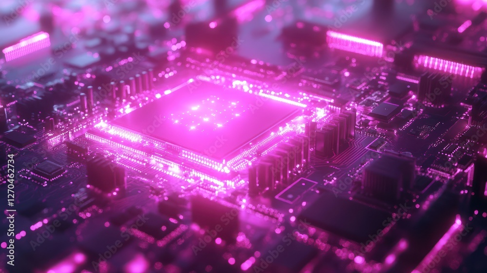Glowing CPU on Circuit Board, Tech Background, Data Processing Glowing CPU on Circuit Board, Tech Background, Data Processing