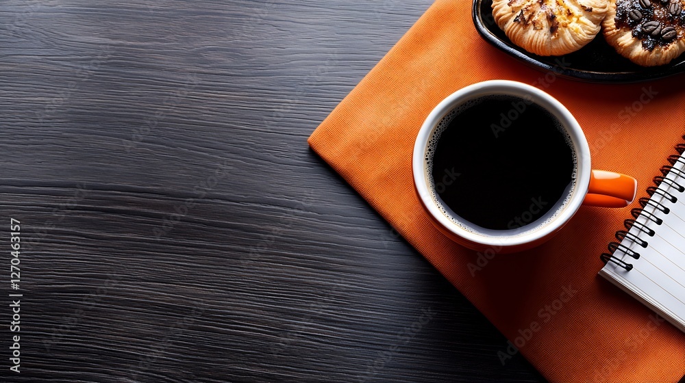 Top Down View of Warm Coffee Cup and Pastries on Table with Orange Napkin