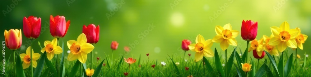 Fototapeta premium Vibrant tulips & daffodils bloom on lush green backdrop, element, view, beautiful