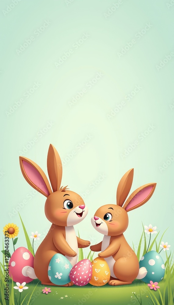 Obraz premium Two Cute Cartoon Easter Bunnies with Decorated Eggs on Green Grass Background