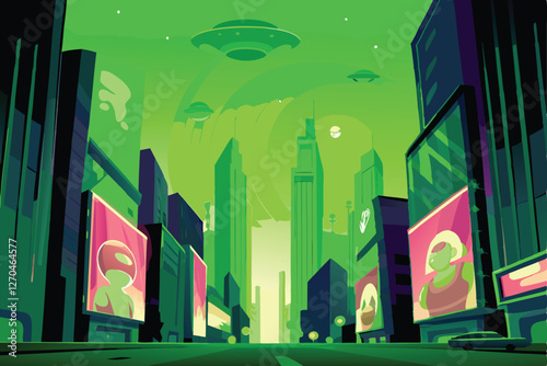 A vibrant, neon-lit futuristic cityscape, showcasing alien architecture and bustling alien businesses.  Flying vehicles and holographic advertisements fill the sky.