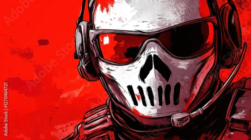 Skull-masked soldier, headset, red background, action game art