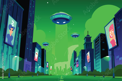 A vibrant, neon-lit cityscape on a futuristic alien planet, showcasing advanced architecture and bustling alien businesses.