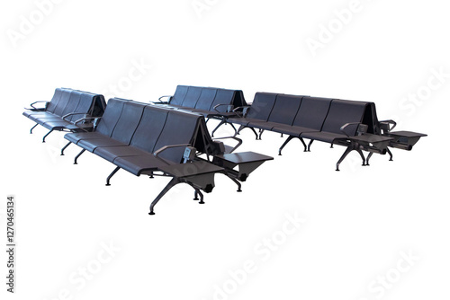 Empty Chairs brown for passengers waiting at airport lounge area station room. Isolated on cut out PNG or transparent background. Modern interior design for tourists to travel around.