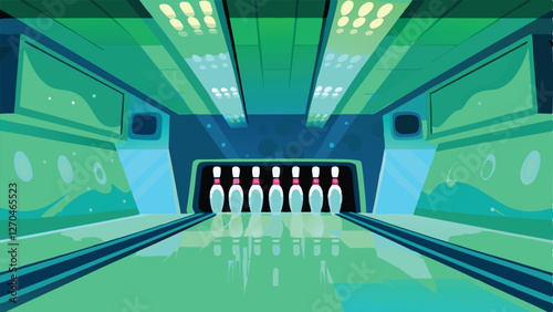 Design a futuristic bowling alley; sleek, neon-lit lanes, glowing pins, holographic scoreboards, and advanced ball return systems. (1)