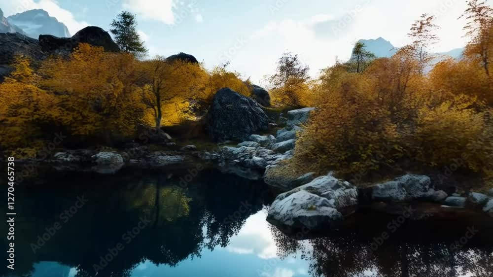 Reflecting Lake Scene Surrounded by Rugged Mountains and Golden Fields Reflecting Lake Scene Surrounded by Rugged Mountains and Golden Fields