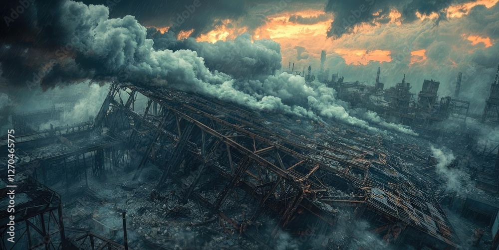 Fototapeta premium Acid rain climate change idea. Dramatic view of a collapsed industrial site under a smoky sunset sky.
