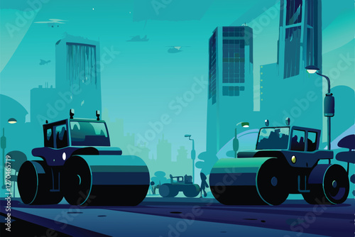Futuristic cityscape; autonomous road construction vehicles build elevated highways amidst towering skyscrapers and flying vehicles.