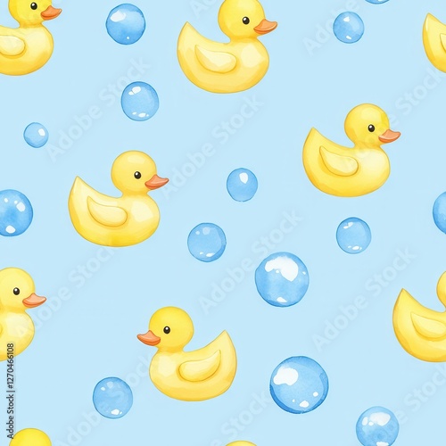 Seamless illustration of watercolor toys. A playful pattern featuring adorable yellow rubber ducks and blue bubbles against a soft blue background, perfect for children's decor or crafts.