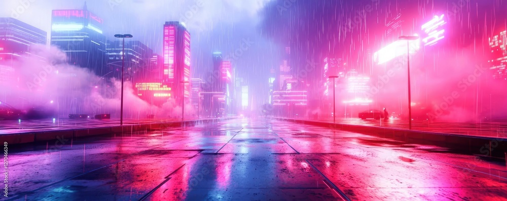 Fototapeta premium Acid rain climate change idea. A vibrant cityscape with neon lights reflecting on wet pavement during heavy rain.