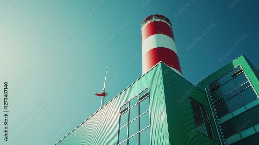 Obraz premium Sustainable Businesses A vibrant green power station, its solar panels and wind turbines harnessing the sun is and wind is gentle energy, against a pristine blue sky, a testament to clean,