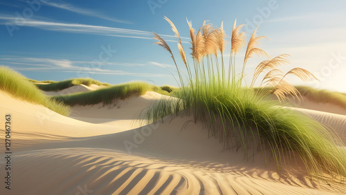 breathtaking sight of dunes adorned with vibrant beach grass, symbolizing steadfastness these plants bestow upon shifting sandy terrains and harmonious equilibrium they epitomize