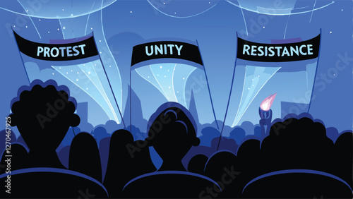 Create a vibrant image depicting a futuristic protest against a holographic ban, showcasing diverse protestors with advanced technology.