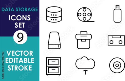 A vector icon set of 9 data storage symbols, including a database, USB, hard drive, cloud, CD, film reel, drawer, cassette, and storage box