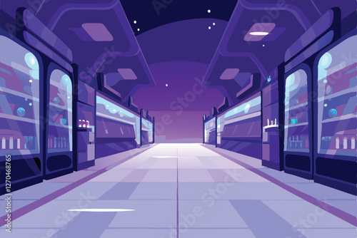 A futuristic galactic retail store, glowing aisles filled with alien merchandise, vibrant neon signs, and floating shopping carts.