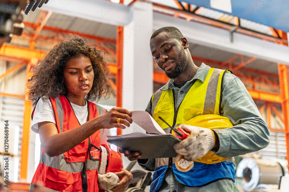 African workers working team happy aftter working of maintenance machine in heavy industrial factory