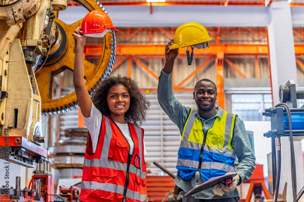 African workers working team happy aftter working of maintenance machine in heavy industrial factory