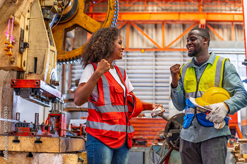 Obraz na płótnie African workers working team happy aftter working of maintenance machine in heavy industrial factory w salonie