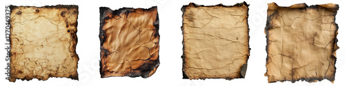 Set of an old paper with burned edges, isolated on a transparent background.