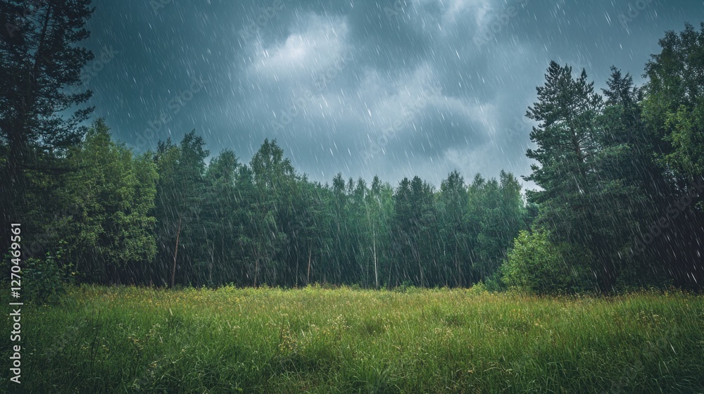 Fototapeta premium Serene Rainfall Over Lush Green Field in Dense Forest Scene