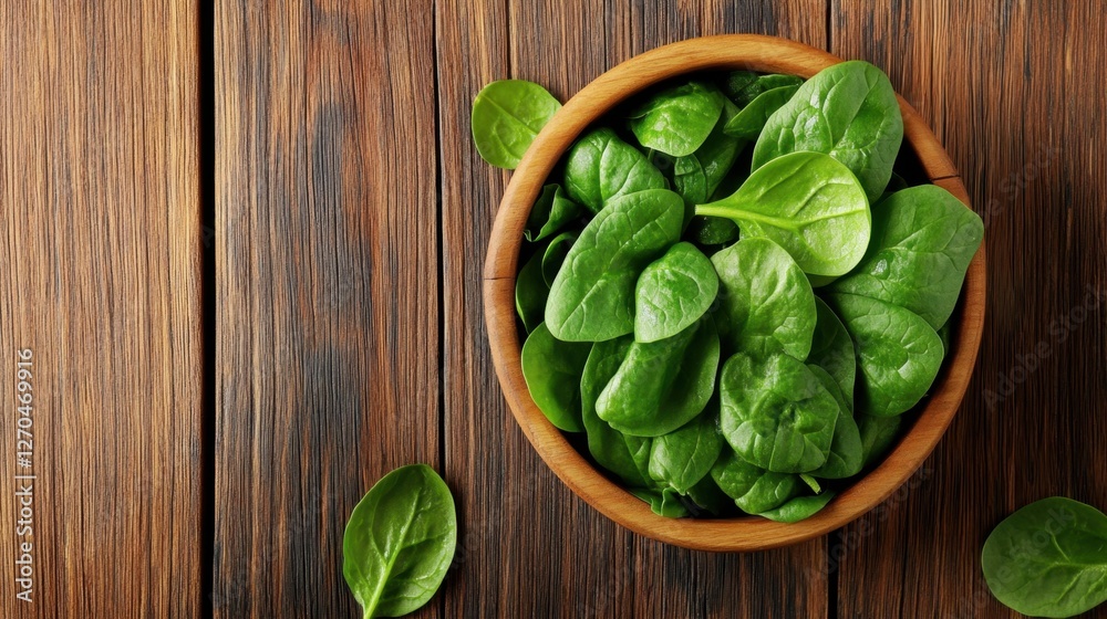 Baby spinach leaves in a wooden bowl on rustic wooden table Baby spinach leaves in a wooden bowl on rustic wooden table