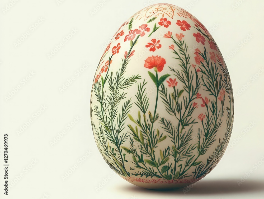Victorian-style Easter egg with intricate botanical illustrations of red flowers and green stems, antique cream background. Victorian-style Easter egg with intricate botanical illustrations of red flowers and green stems, antique cream background.